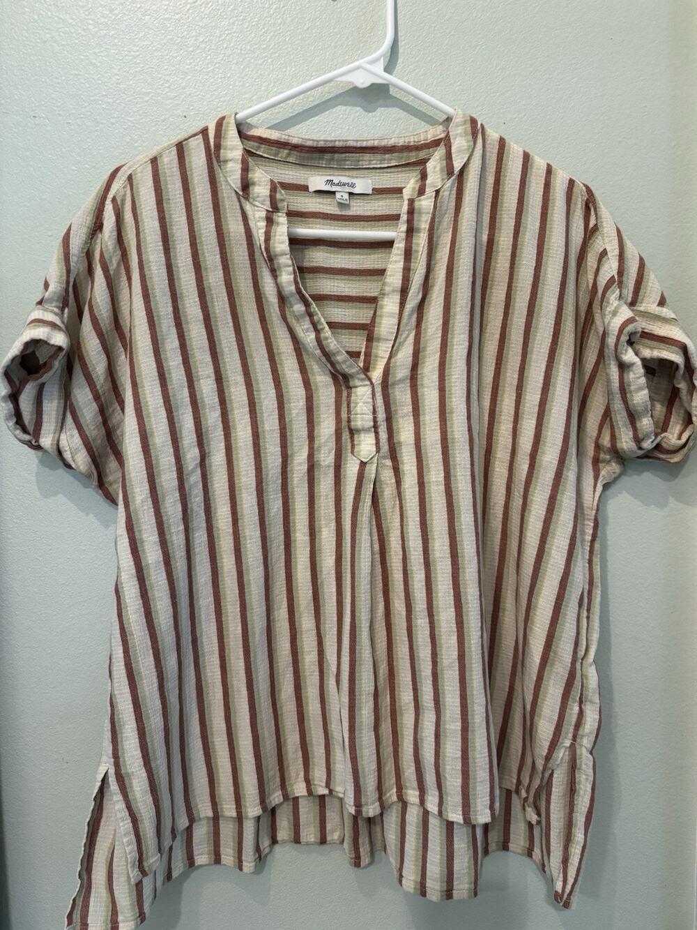 Madewell Stripe Popover Top Womens Small Gauze Split Neck Short Sleeve Hi Low S